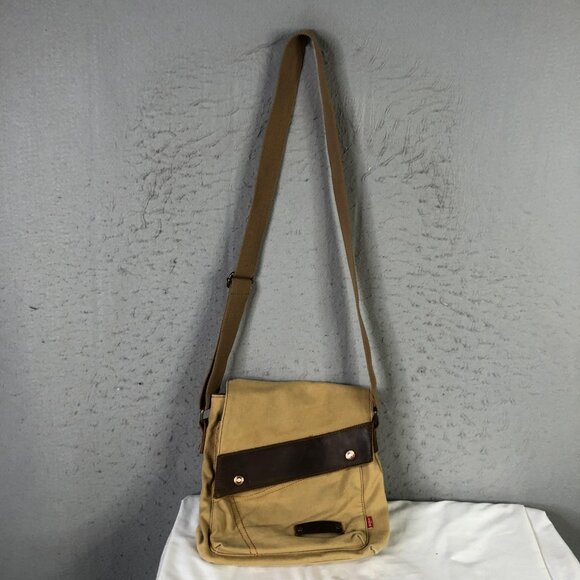 AUGUR Messenger Bag Mens Medium Beige Canvas Leather Crossbody Shoulder Casual - Picture 2 of 16